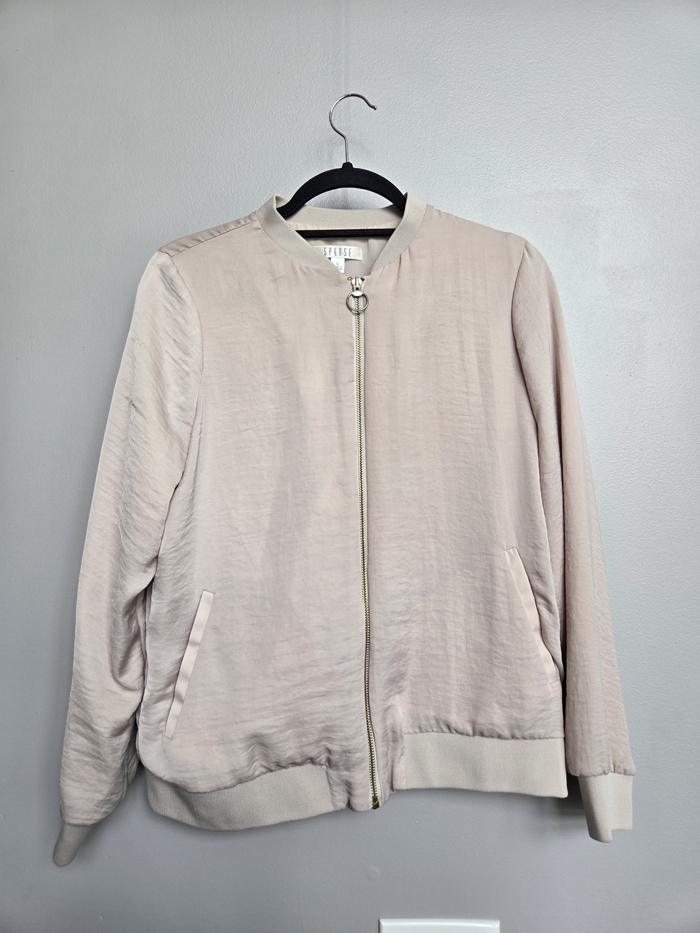 Spense Satin Full-Zip Bomber Jacket - Soft Blush Pink - Size Small